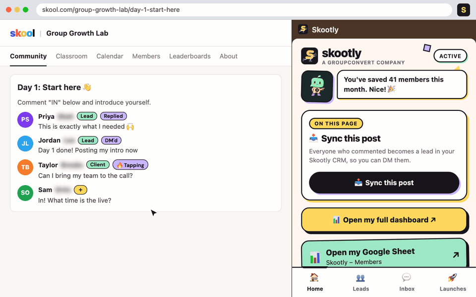 Skootly showing lead tags next to names on Skool, the Leads tab, and replying to a Skool chat from the side panel