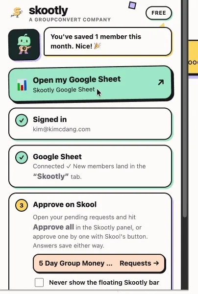 Skootly Chrome extension pop-up showing a member saved and the Google Sheet connected